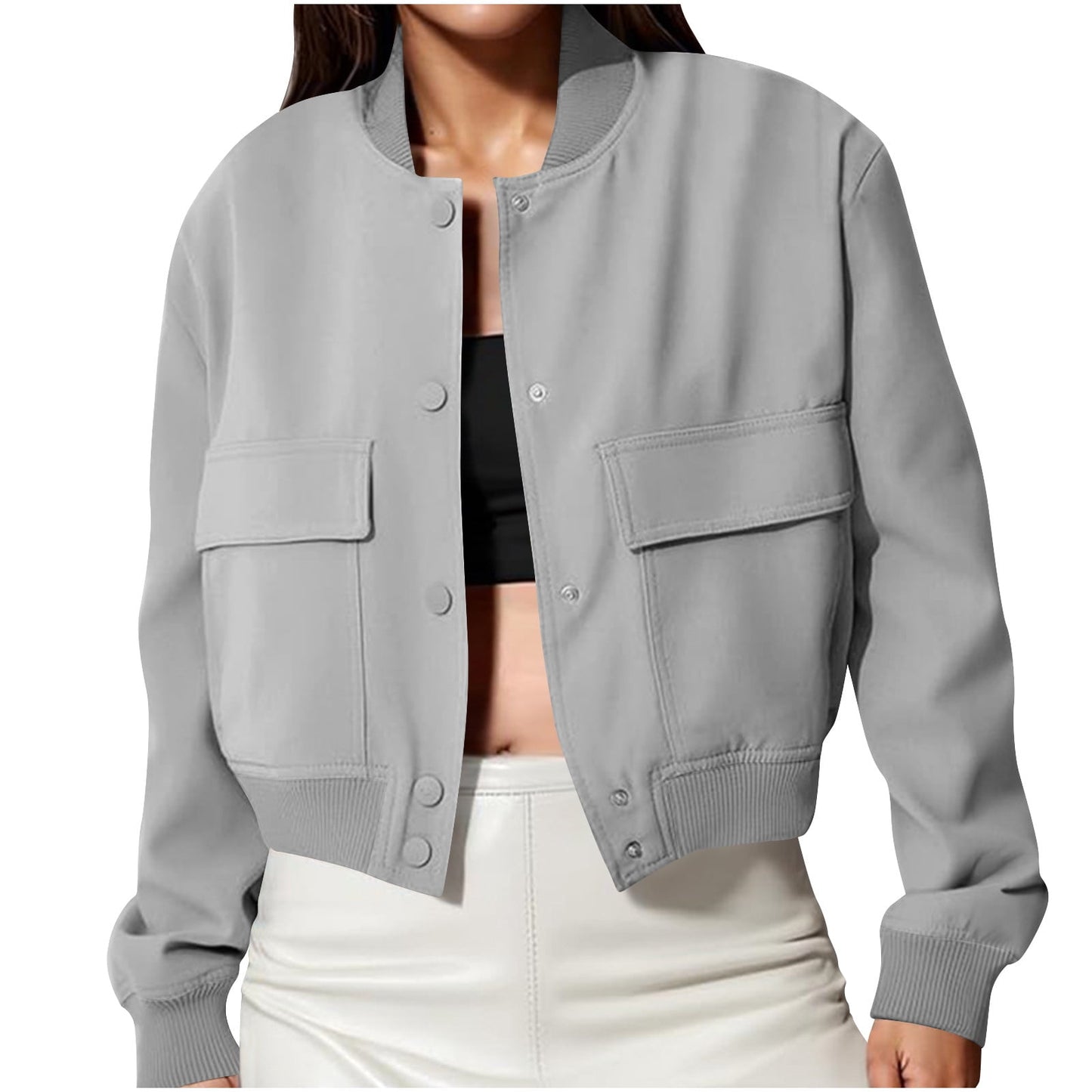 Karight Women's Spring Varsity Bomber Jackets Long Sleeve Cropped Button Down Casual Coat with Pockets Outwear