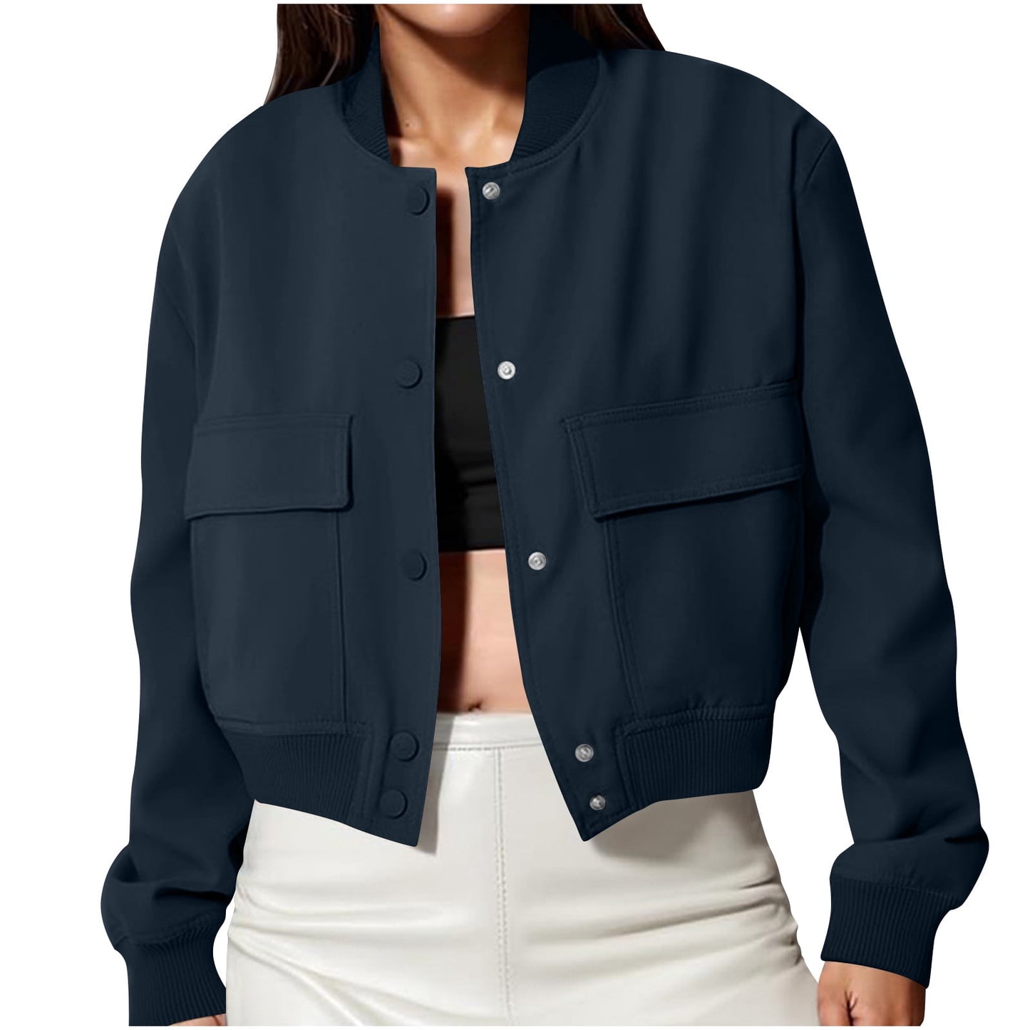 Karight Women's Spring Varsity Bomber Jackets Long Sleeve Cropped Button Down Casual Coat with Pockets Outwear
