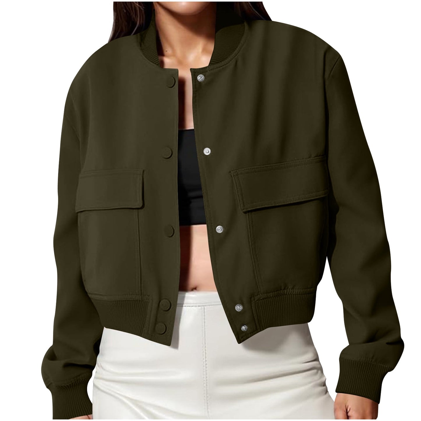 Karight Women's Spring Varsity Bomber Jackets Long Sleeve Cropped Button Down Casual Coat with Pockets Outwear
