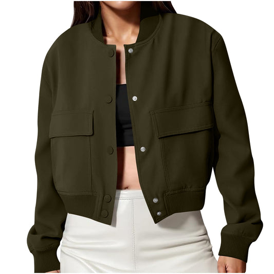 Karight Women's Spring Varsity Bomber Jackets Long Sleeve Cropped Button Down Casual Coat with Pockets Outwear