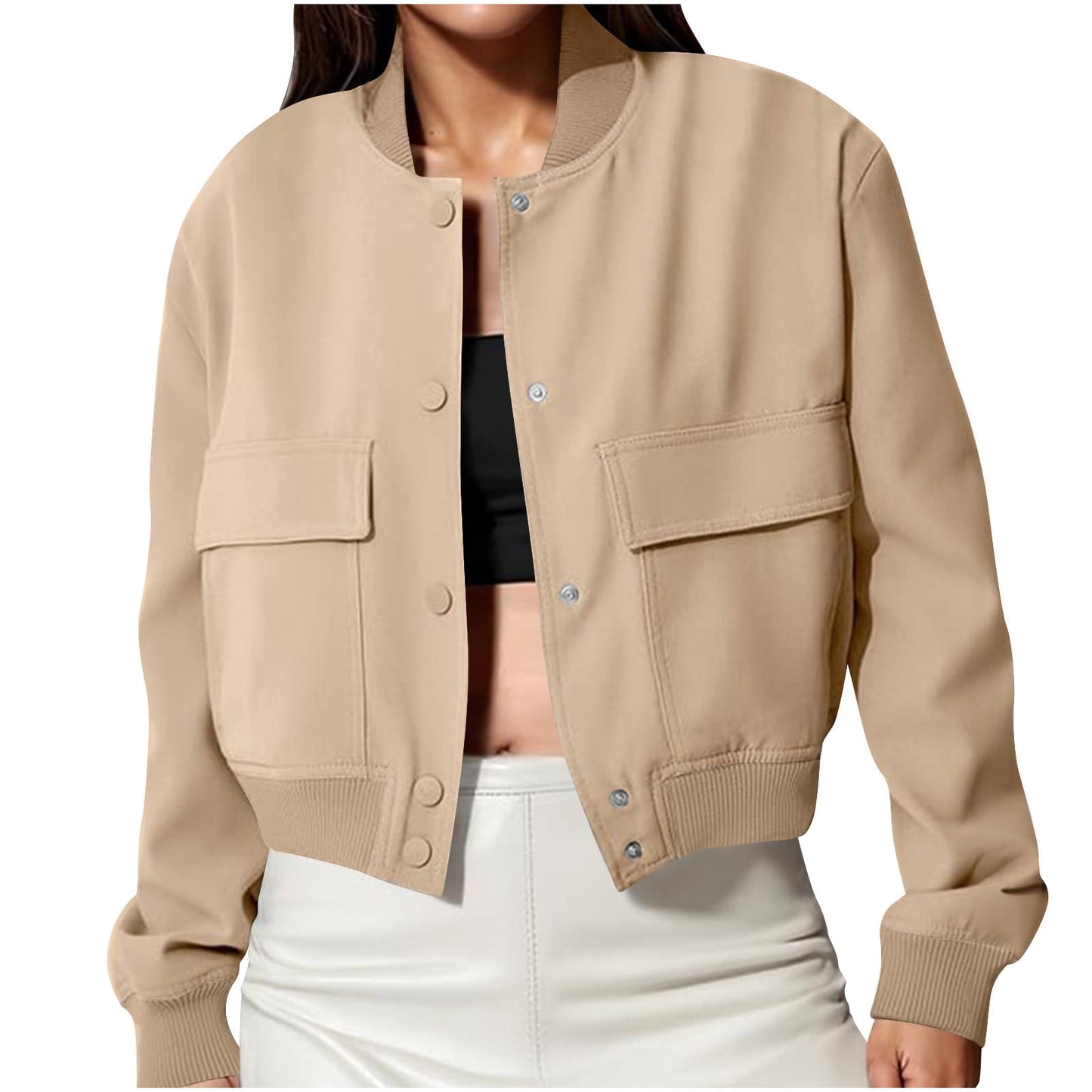 Karight Women's Spring Varsity Bomber Jackets Long Sleeve Cropped Button Down Casual Coat with Pockets Outwear