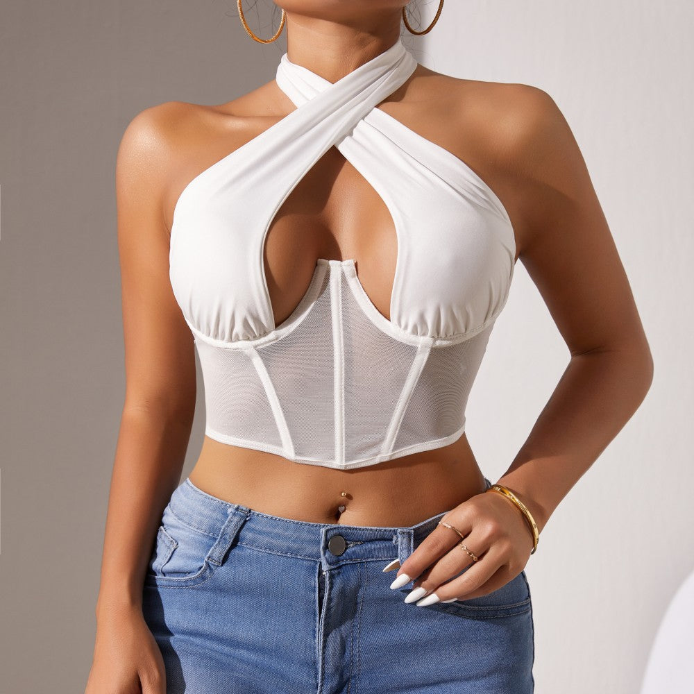 Cross-border Foreign Trade Mesh Beauty Chest Hanging Neck Tie-wrap Chest Sexy Spice Girl Fish Bone Steel Ring Outer Wear Backless Vest