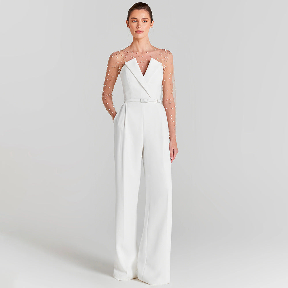 In Stock | White Bubble Bead Jumpsuit, Fashionable Casual Two-Piece Set, High-End European and American Women's Clothing, European and American Style.