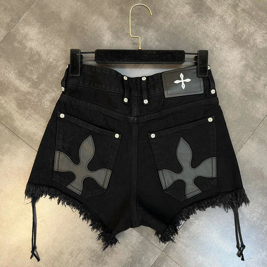 Lace-Up Raw Edge Cross Flower Picture Sweet Cool Dark Style Denim Shorts for Women Summer Outer Wear Large Size Fat mm Popular Hot Pants