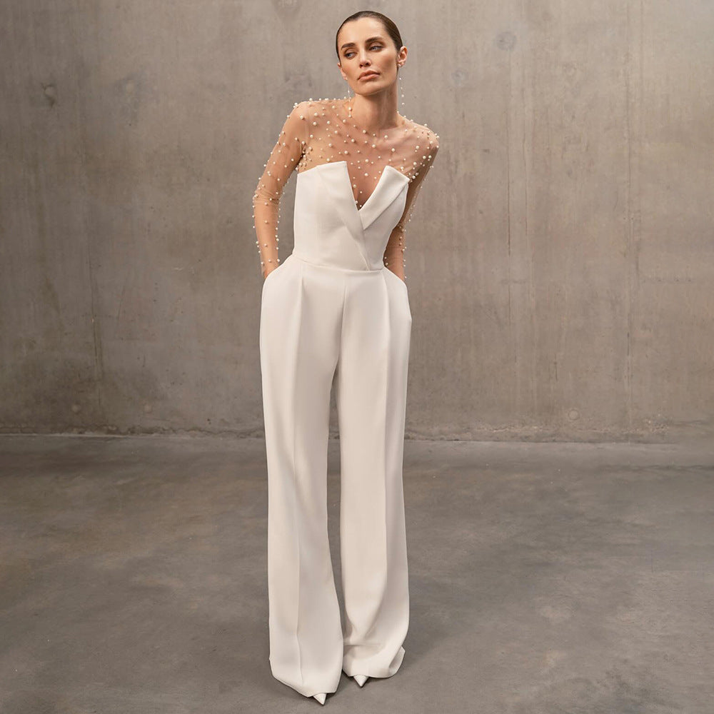 In Stock | White Bubble Bead Jumpsuit, Fashionable Casual Two-Piece Set, High-End European and American Women's Clothing, European and American Style.