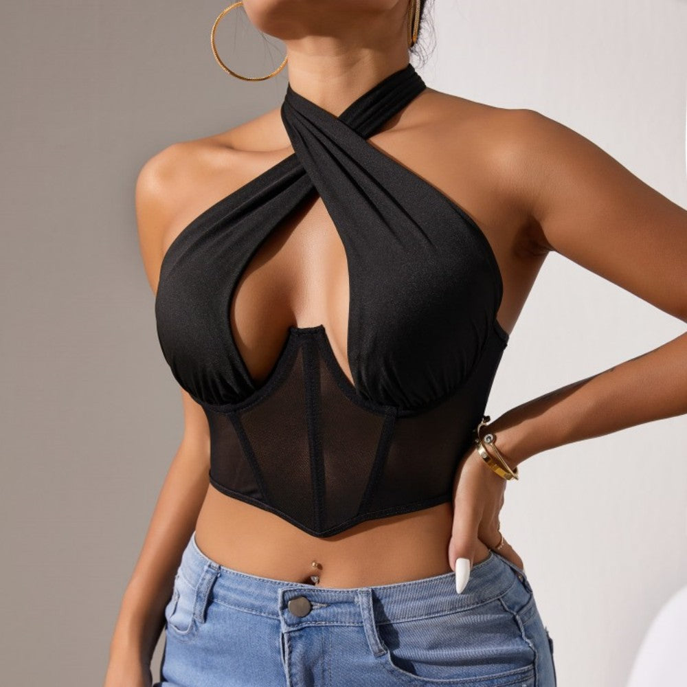 Cross-border Foreign Trade Mesh Beauty Chest Hanging Neck Tie-wrap Chest Sexy Spice Girl Fish Bone Steel Ring Outer Wear Backless Vest
