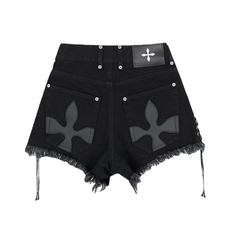 Lace-Up Raw Edge Cross Flower Picture Sweet Cool Dark Style Denim Shorts for Women Summer Outer Wear Large Size Fat mm Popular Hot Pants