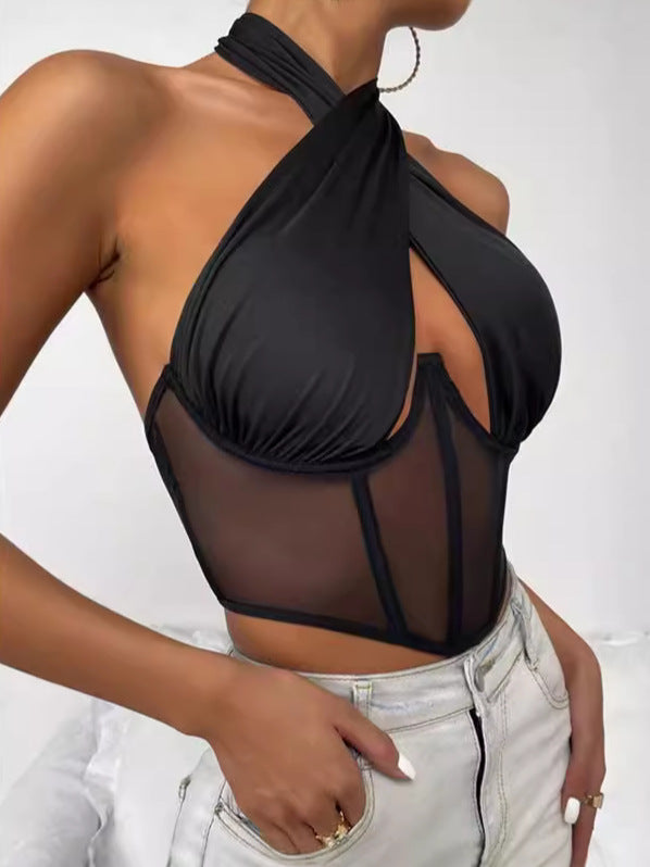 Cross-border Foreign Trade Mesh Beauty Chest Hanging Neck Tie-wrap Chest Sexy Spice Girl Fish Bone Steel Ring Outer Wear Backless Vest