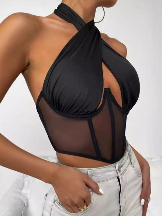 Cross-border Foreign Trade Mesh Beauty Chest Hanging Neck Tie-wrap Chest Sexy Spice Girl Fish Bone Steel Ring Outer Wear Backless Vest