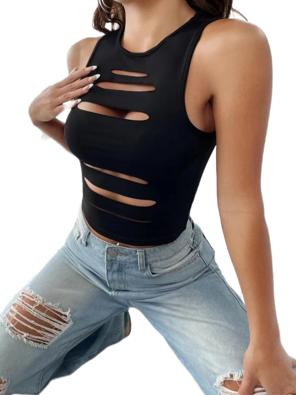 [Label Size] Hollow Hole Vest, Tight-Fitting Inner Navel-Baring Top, Summer Sleeveless Vest