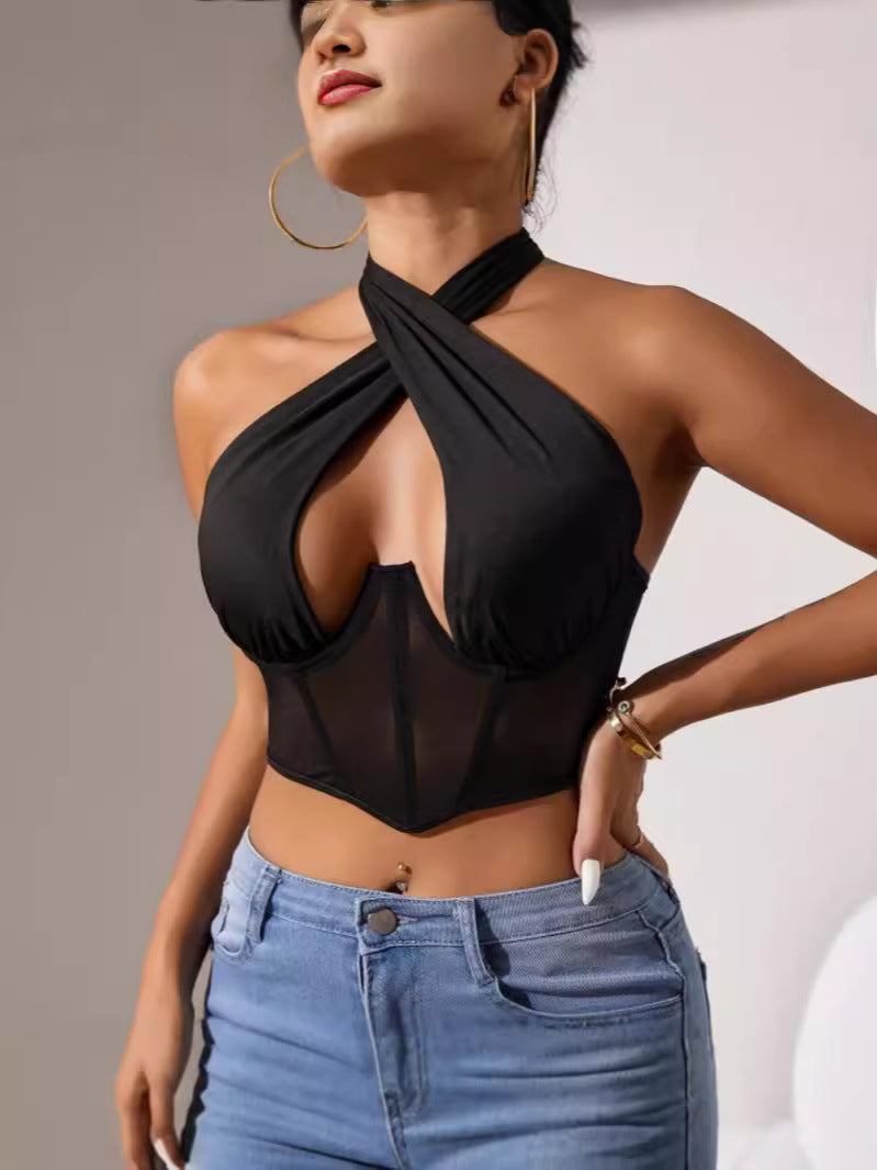 Cross-border Foreign Trade Mesh Beauty Chest Hanging Neck Tie-wrap Chest Sexy Spice Girl Fish Bone Steel Ring Outer Wear Backless Vest