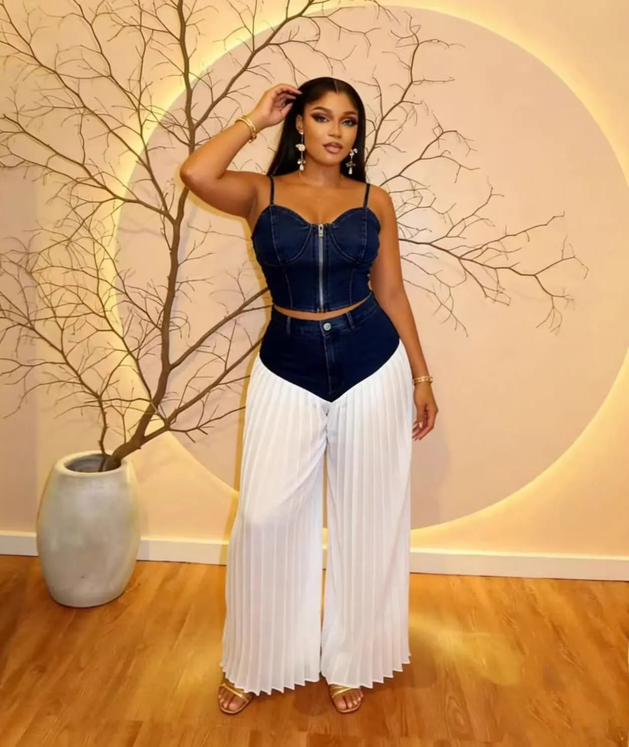Lady Denim Club Matching Sets Patchwork Wide Leg Pants Outfit Sexy Women Two Pieces Jeans Casual Tracksuits Set