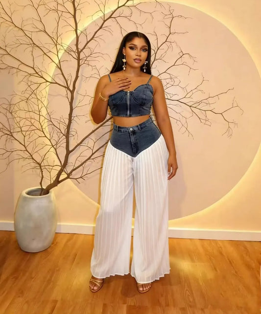 Lady Denim Club Matching Sets Patchwork Wide Leg Pants Outfit Sexy Women Two Pieces Jeans Casual Tracksuits Set