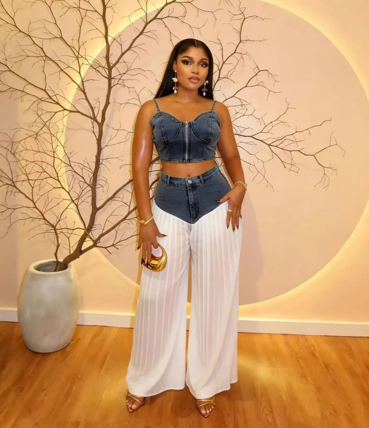 Lady Denim Club Matching Sets Patchwork Wide Leg Pants Outfit Sexy Women Two Pieces Jeans Casual Tracksuits Set