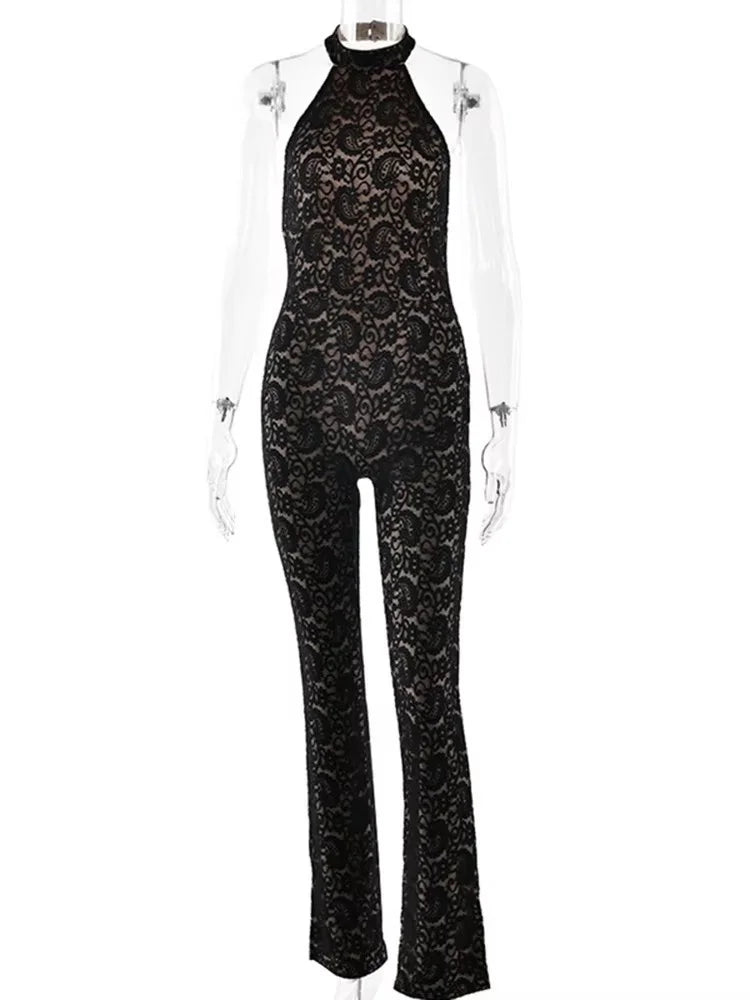 JULISSA MO Sexy Backless Sheer Lace Halter Women Jumpsuit Sleeveless High Waist Playsuit Spring Slim Elegant Party Clubwear 2026