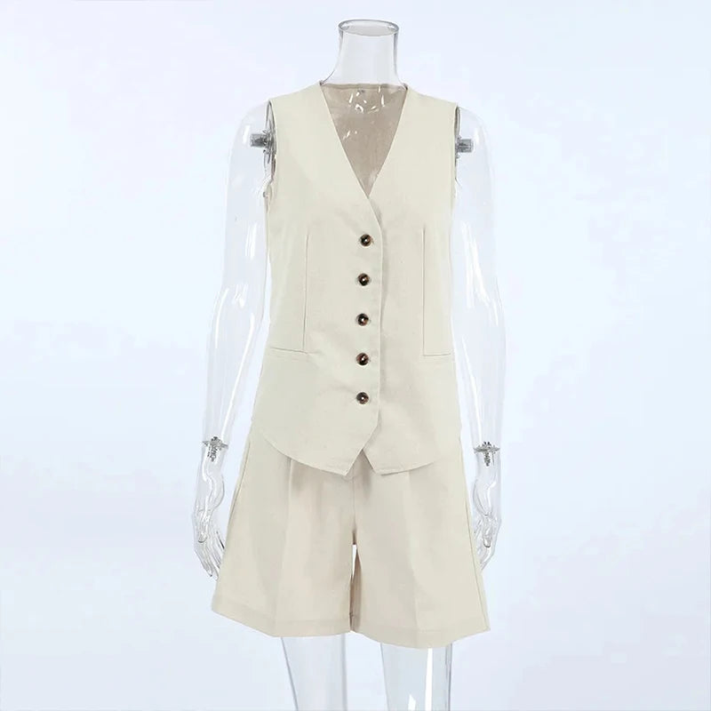Retro Cotton Linen Tracksuit Women Two Piece Set Chic Button Vest Waistcoat +Short Sets Ensemble Femme 2 PièCes éTé