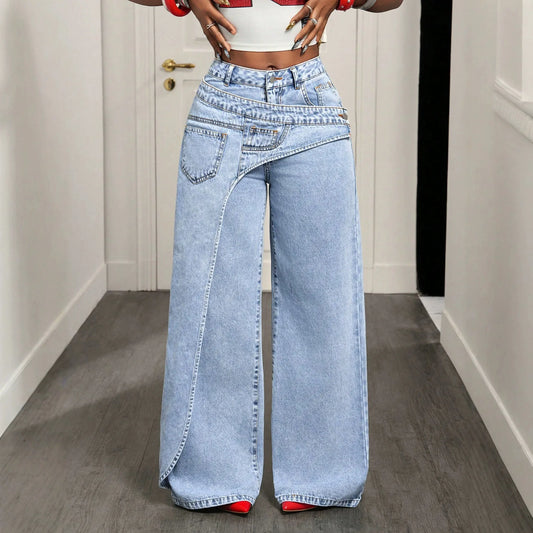 Denim Pant Women Jeans Vintage Wide Leg Long Pants High Waist Straight Trousers Y2k Streetwear Elegant Splice Work Casual Loose