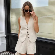 Retro Cotton Linen Tracksuit Women Two Piece Set Chic Button Vest Waistcoat +Short Sets Ensemble Femme 2 PièCes éTé