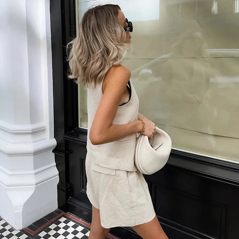 Retro Cotton Linen Tracksuit Women Two Piece Set Chic Button Vest Waistcoat +Short Sets Ensemble Femme 2 PièCes éTé