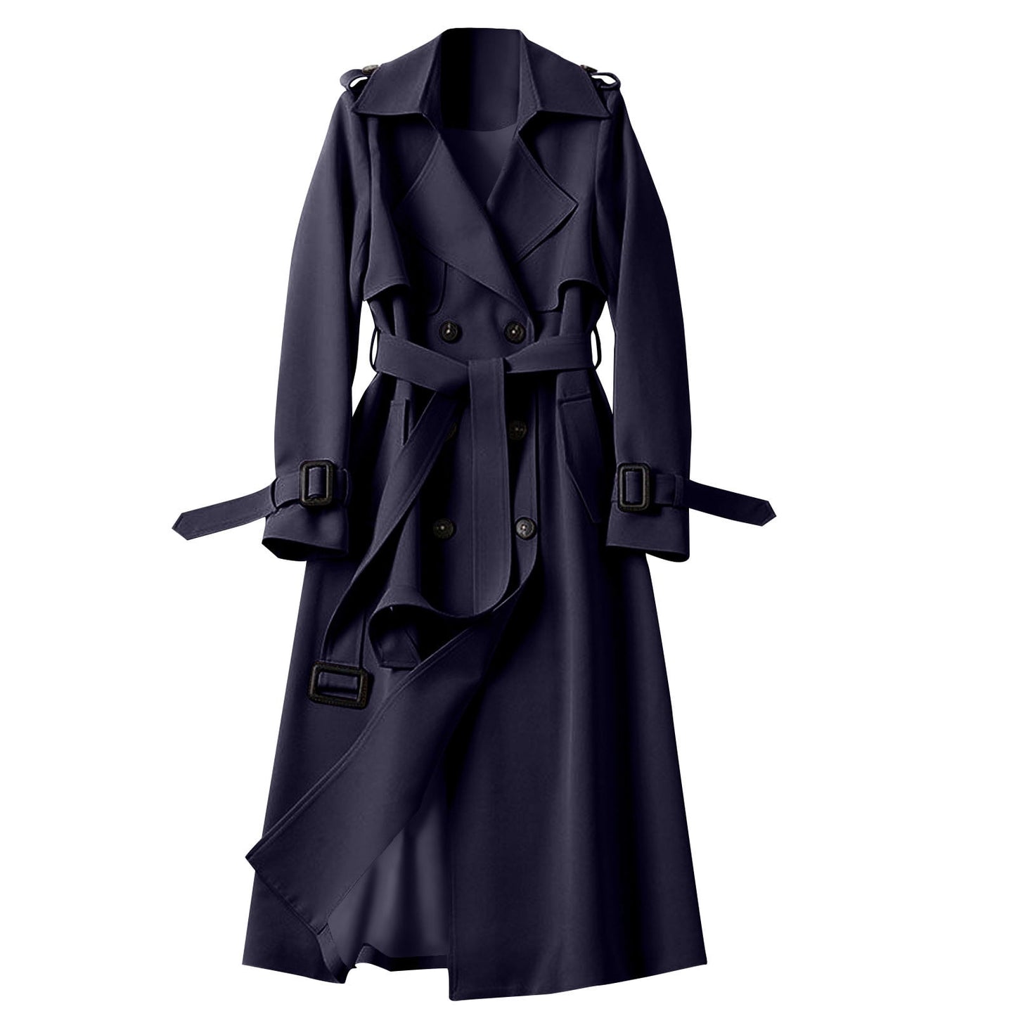 VEKDONE Women's Double Breasted Long Trench Coat Belted Notch Lapel Overcoat Windproof Classic Outerwear Dressy Business Office Pea Coat