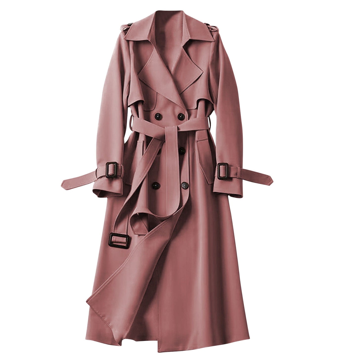 VEKDONE Women's Double Breasted Long Trench Coat Belted Notch Lapel Overcoat Windproof Classic Outerwear Dressy Business Office Pea Coat