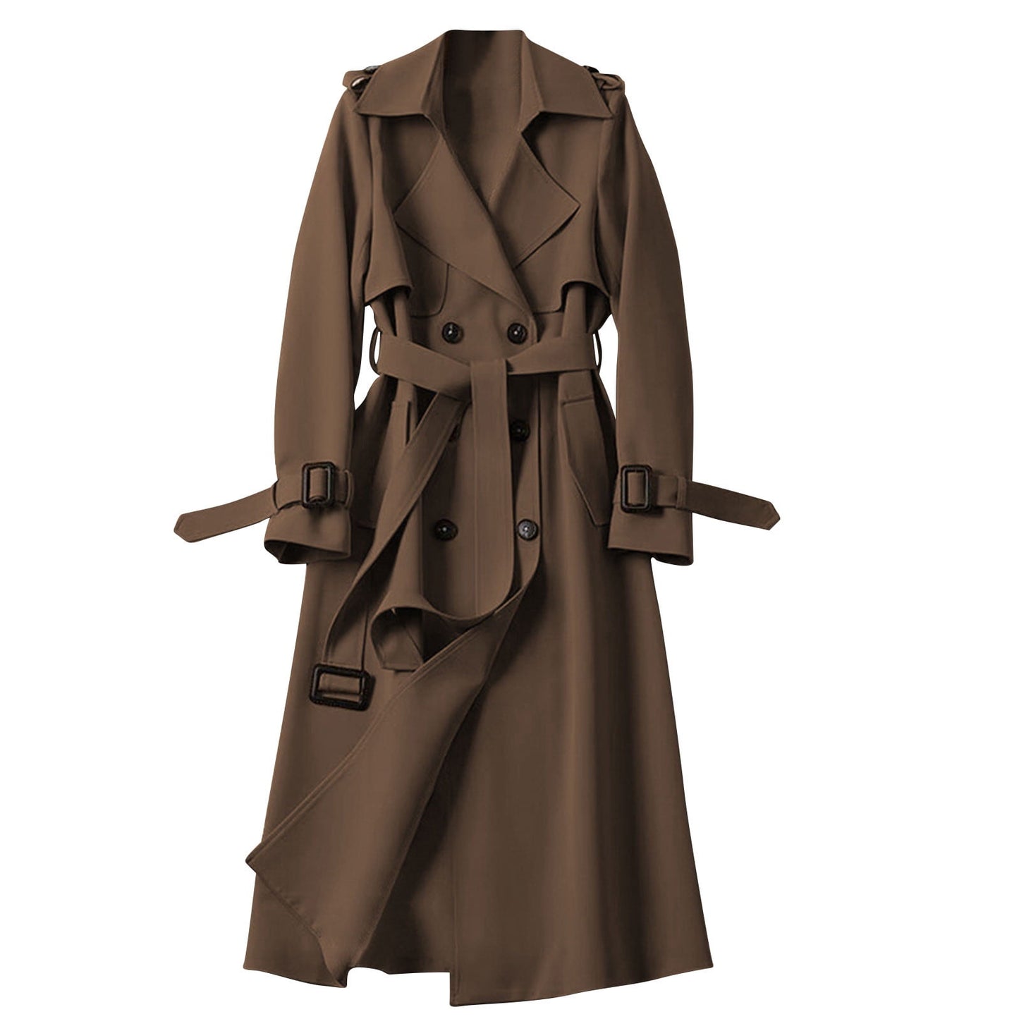 VEKDONE Women's Double Breasted Long Trench Coat Belted Notch Lapel Overcoat Windproof Classic Outerwear Dressy Business Office Pea Coat
