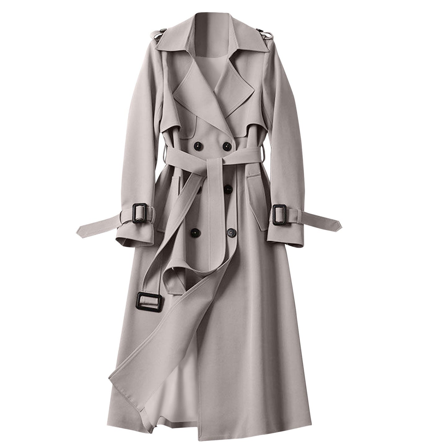 VEKDONE Women's Double Breasted Long Trench Coat Belted Notch Lapel Overcoat Windproof Classic Outerwear Dressy Business Office Pea Coat