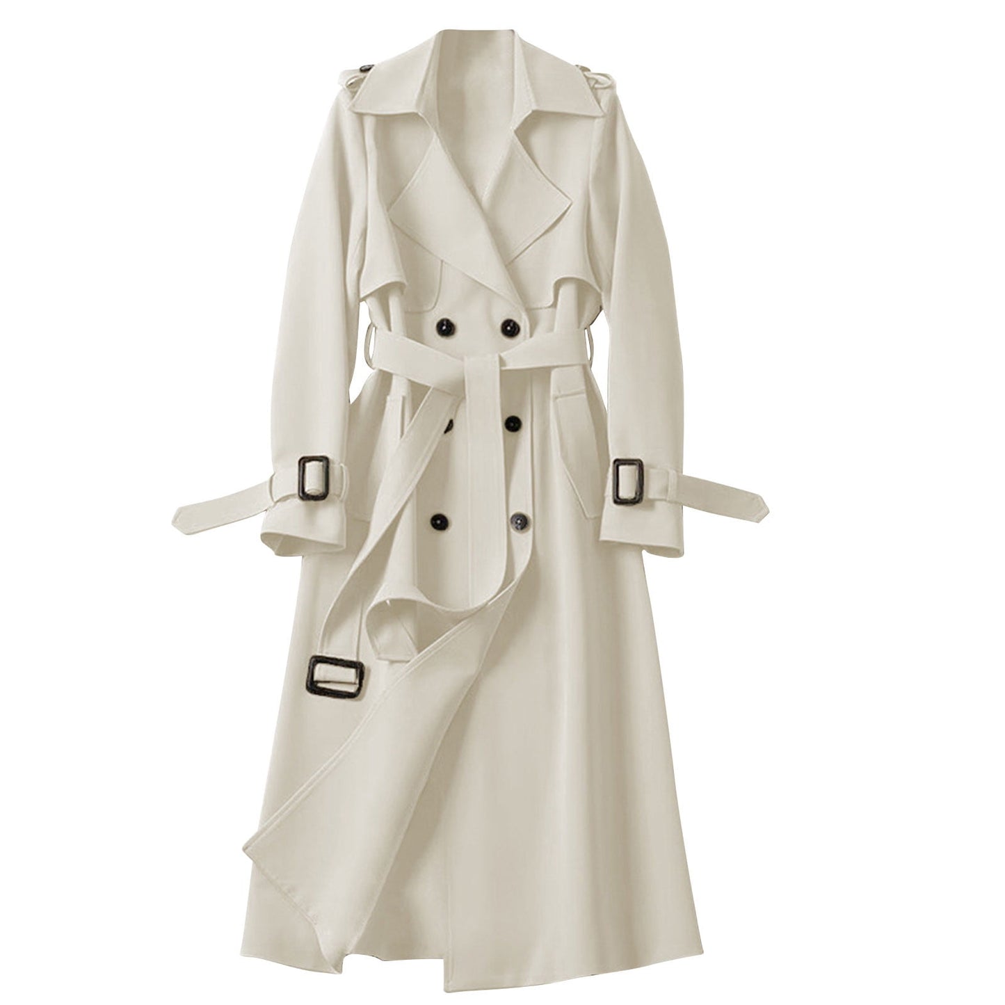 VEKDONE Women's Double Breasted Long Trench Coat Belted Notch Lapel Overcoat Windproof Classic Outerwear Dressy Business Office Pea Coat
