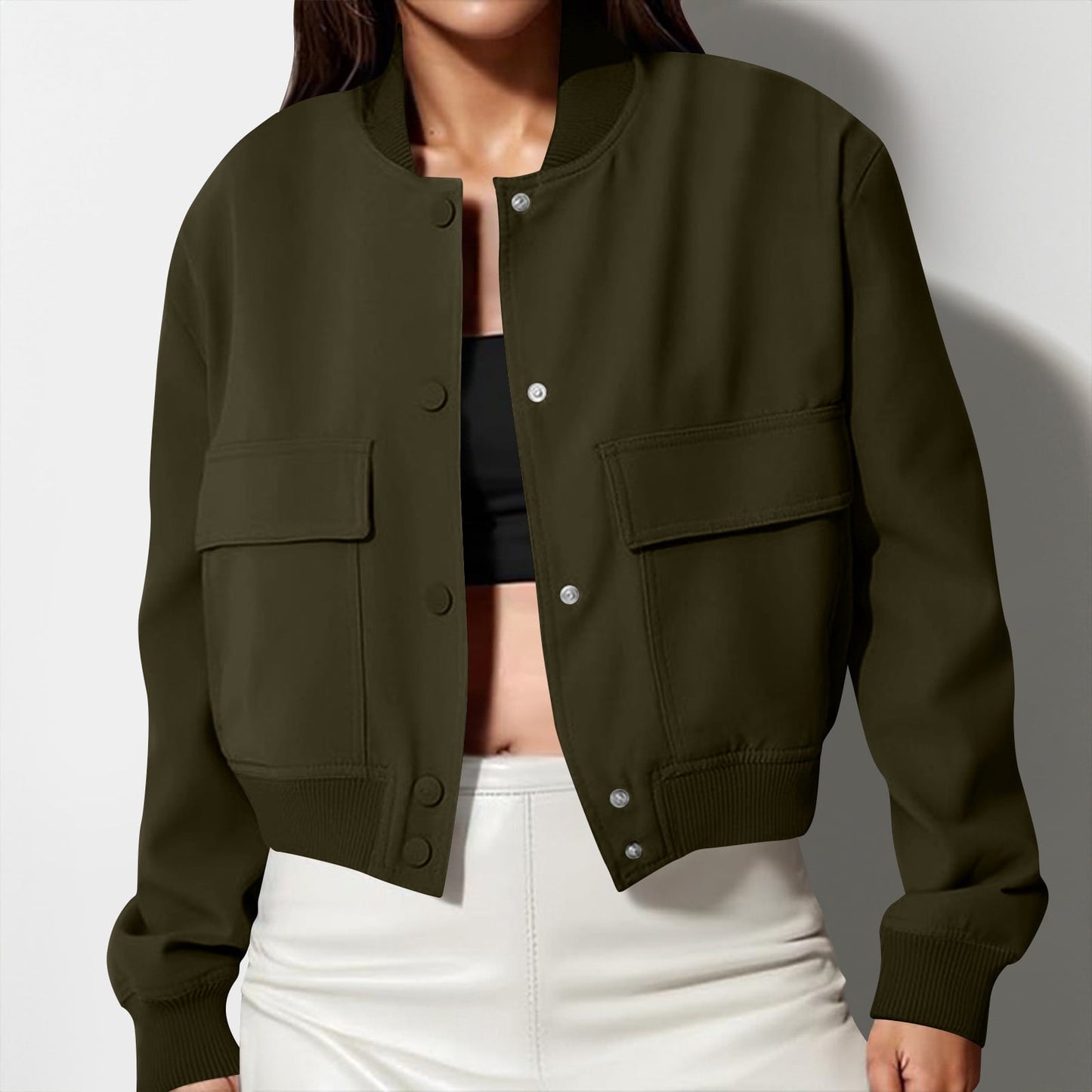 Karight Women's Spring Varsity Bomber Jackets Long Sleeve Cropped Button Down Casual Coat with Pockets Outwear